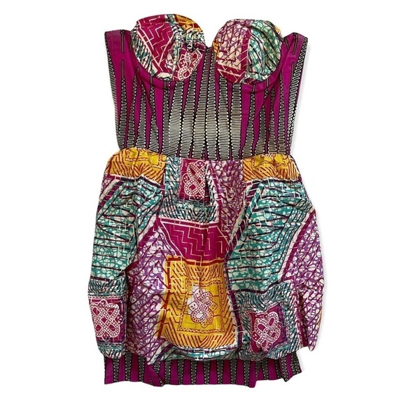 Boxing Kitten Tam Tam Strapless Peplum Vibrant Geometric Print Mini Dress sz 4 - Picture 2 of 11